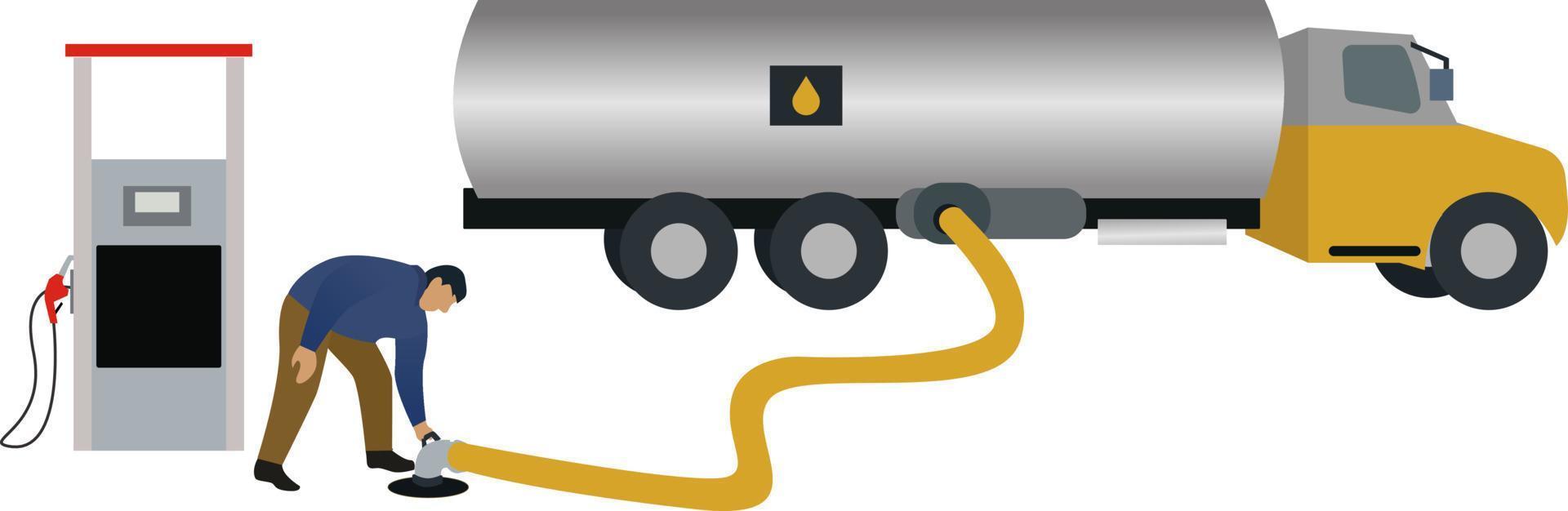 giallo serbatoio camion scarico benzina nel un' gas stazione, un' petroliera camion autista consegna benzina per un' gas stazione, gas stazione, benzina olio petroliera camion vettore illustrazione, benzina