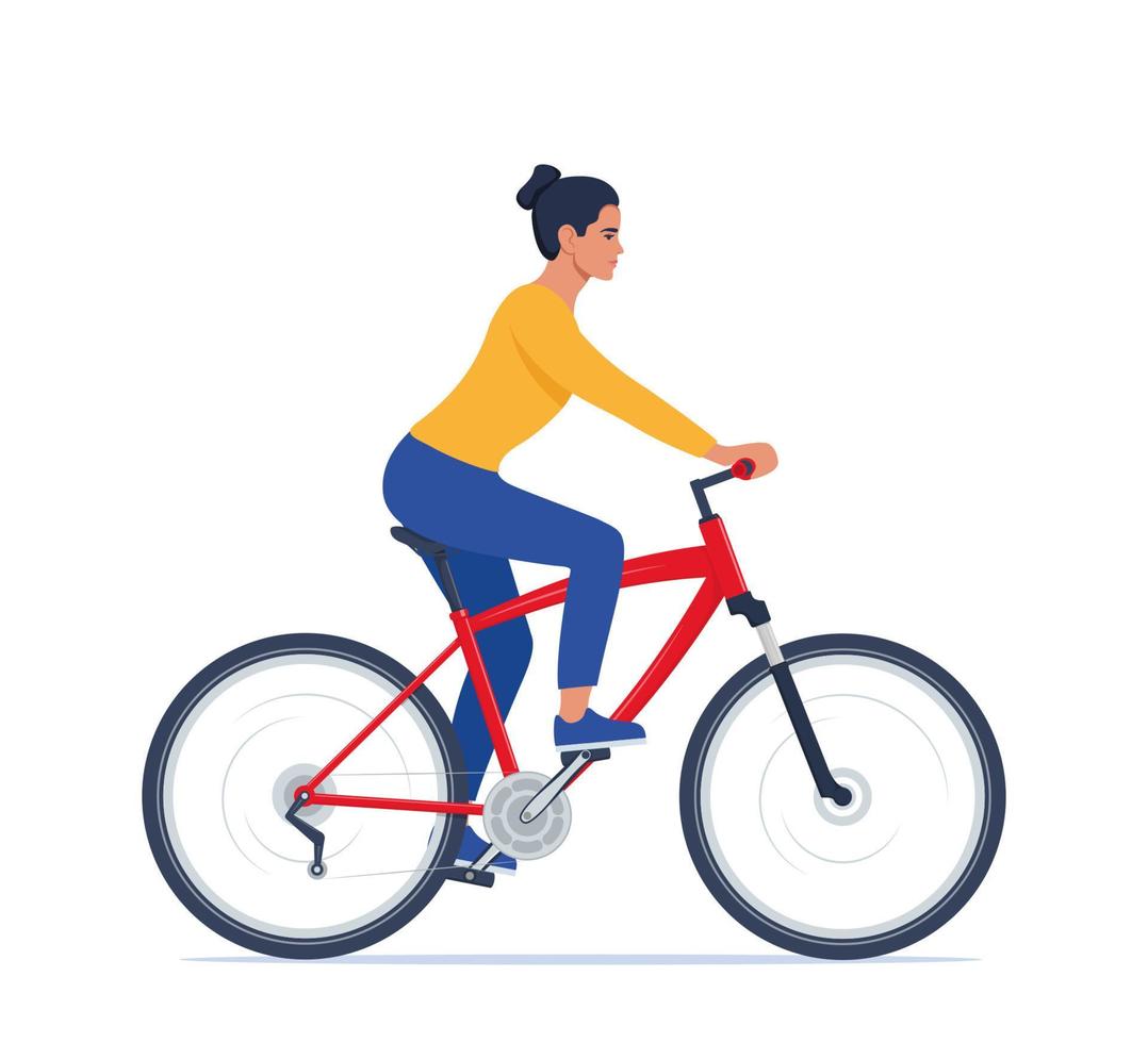 carino contento giovane donna su bicicletta. adorabile femmina ciclista. piatto vettore illustrazione.