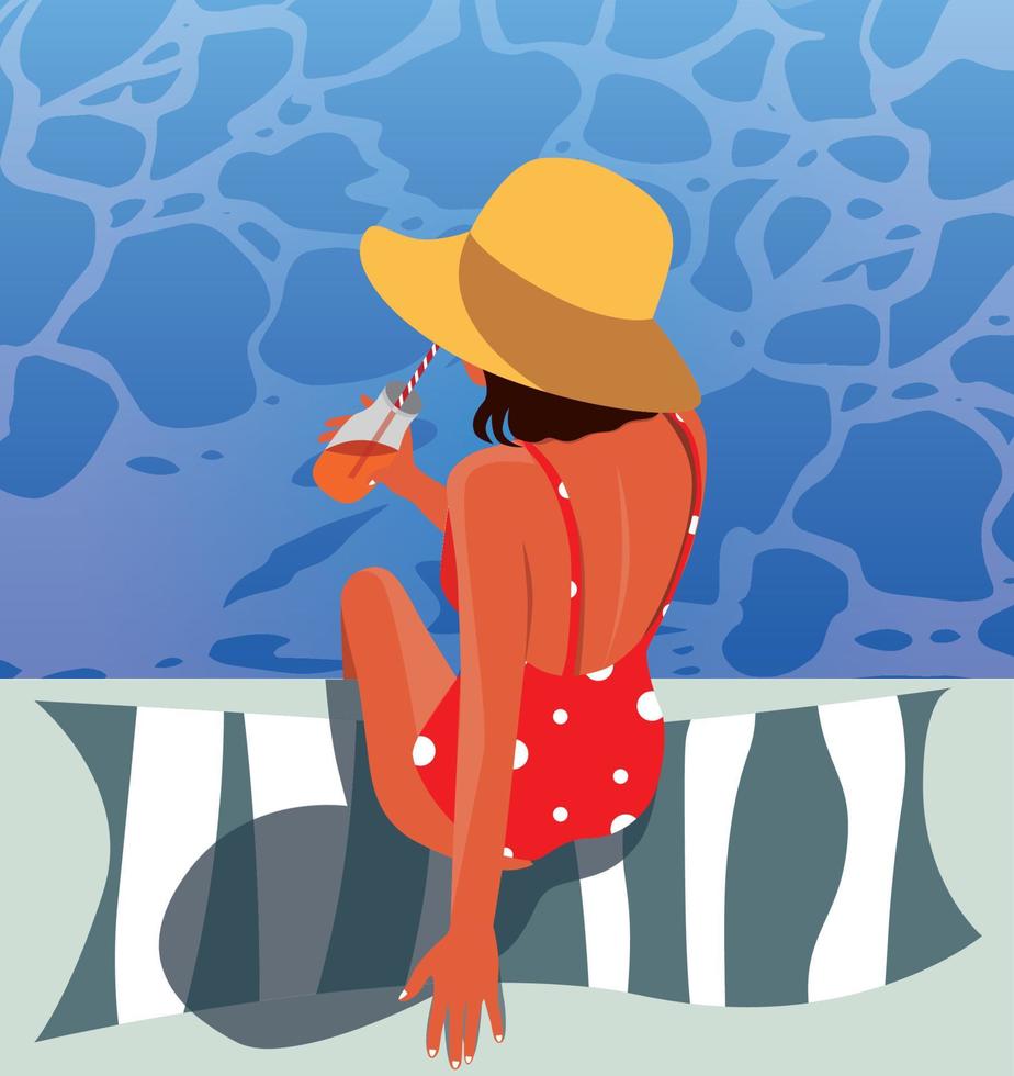 vettore illustrazione di un' ragazza nel un' cappello potabile un' cocktail nel il piscina su vacanza a mare turismo