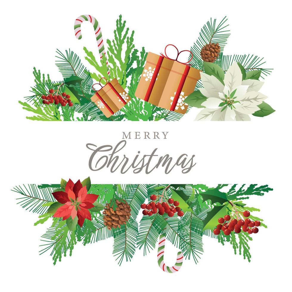 Natale carta con vacanza auguri. composizione di festivo elementi come come caramelle, frutti di bosco, i regali, pino rami. vettore