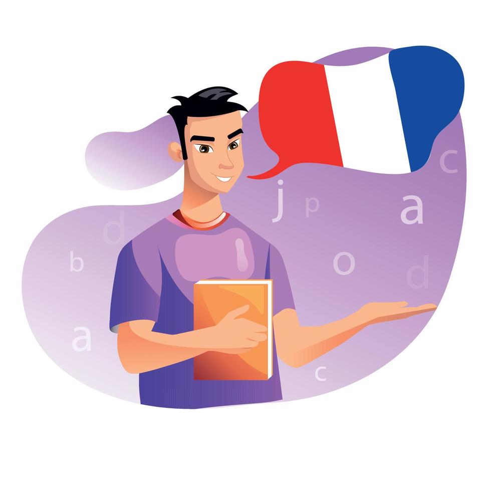 vettore illustrazione di francese tutor.online formazione scolastica, corsi. nativo parlante.francese linguaggio. dizionario. dizionario. francese scuola.studente.bianco sfondo