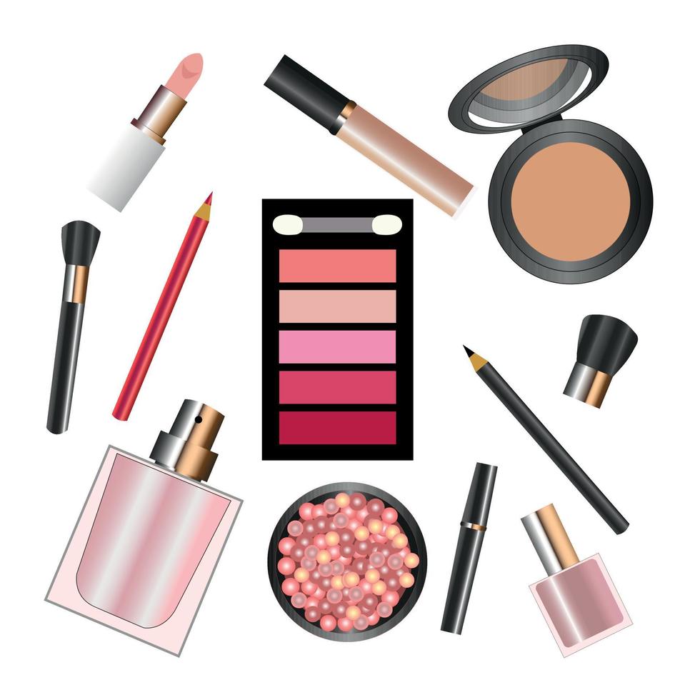 realistico cosmetici rendere su impostare, grande collezione trucco Prodotto, polvere, rossetto, trucco spazzola, occhio ombra, correttore, chiodo polacco, profumo e eyeliner, vettore facciale impostato