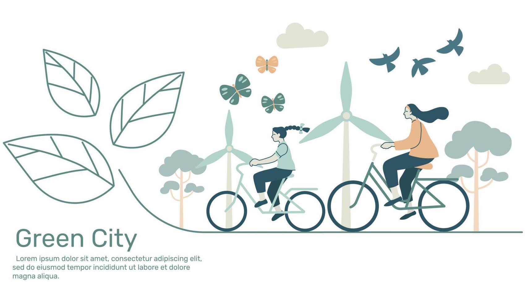 donna con bambino equitazione biciclette con ecologia e ambiente, sostenibilità, terra natura conservazione vettore