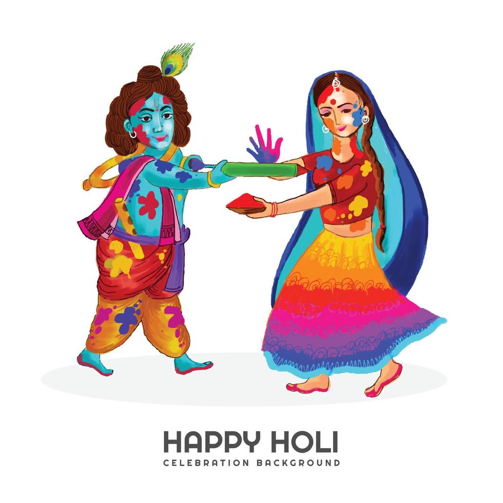 holi saluti con gioioso krishna e Radha giocando con colori design vettore