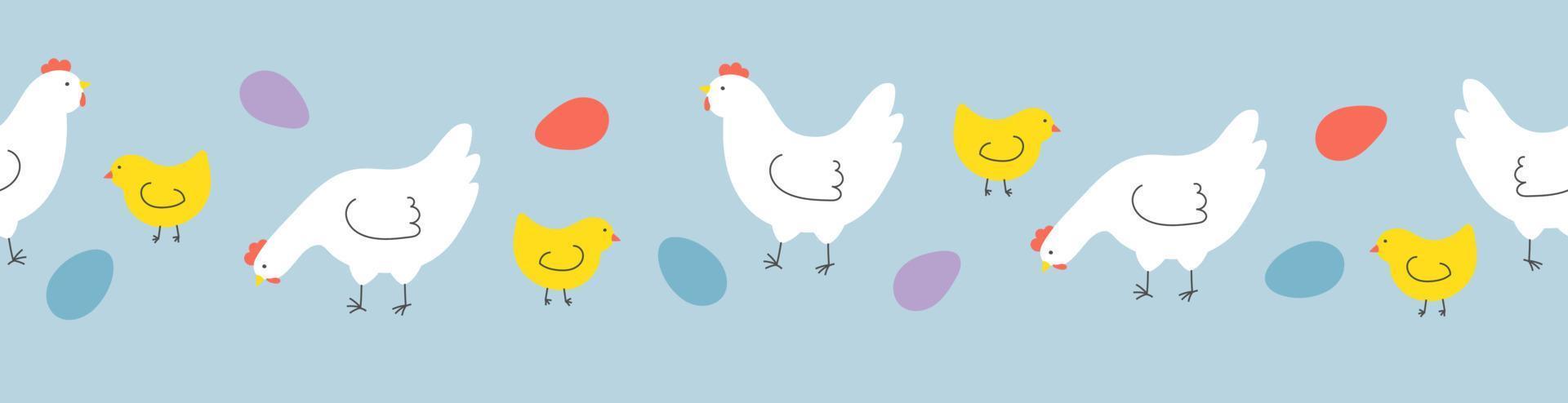 senza soluzione di continuità confine con galline, polli e uova su blu sfondo. modello per Pasqua arredamento, invito, carte. vettore