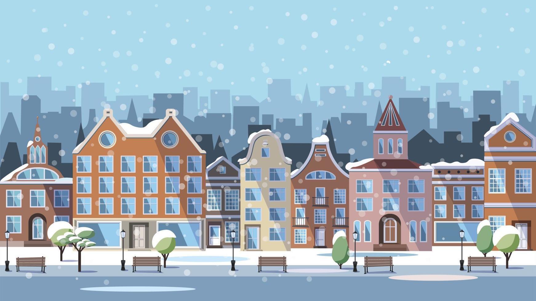 inverno europeo città - case e negozi, un' parco con lanterne e panchine, un' innevato città. vettore illustrazione nel un' piatto stile è adatto come un' striscione, cartolina o modello.