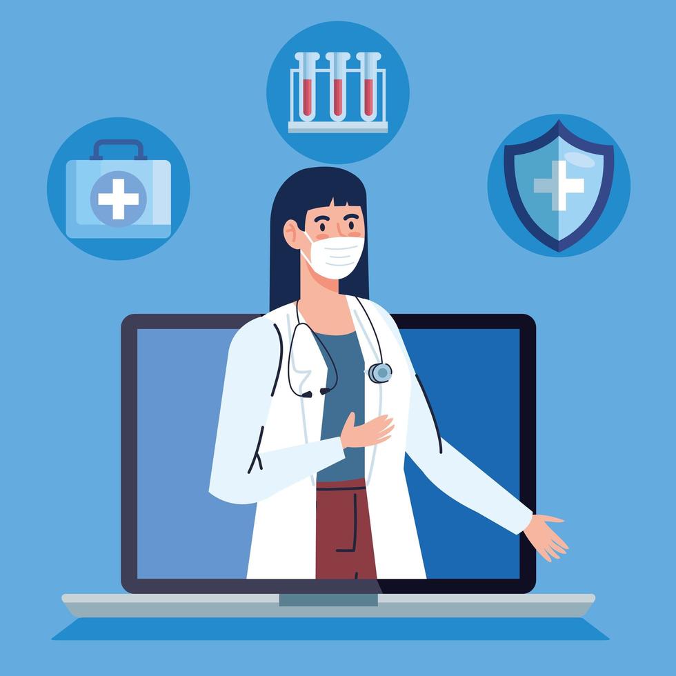 medico sul computer portatile, concetto di medicina online con icone mediche vettore