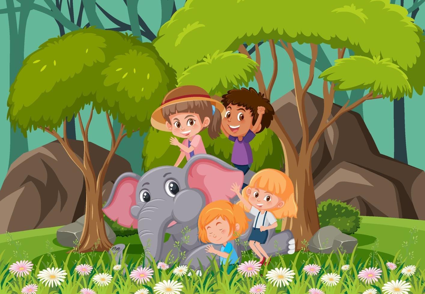 scena della foresta con bambini che giocano con un elefante vettore