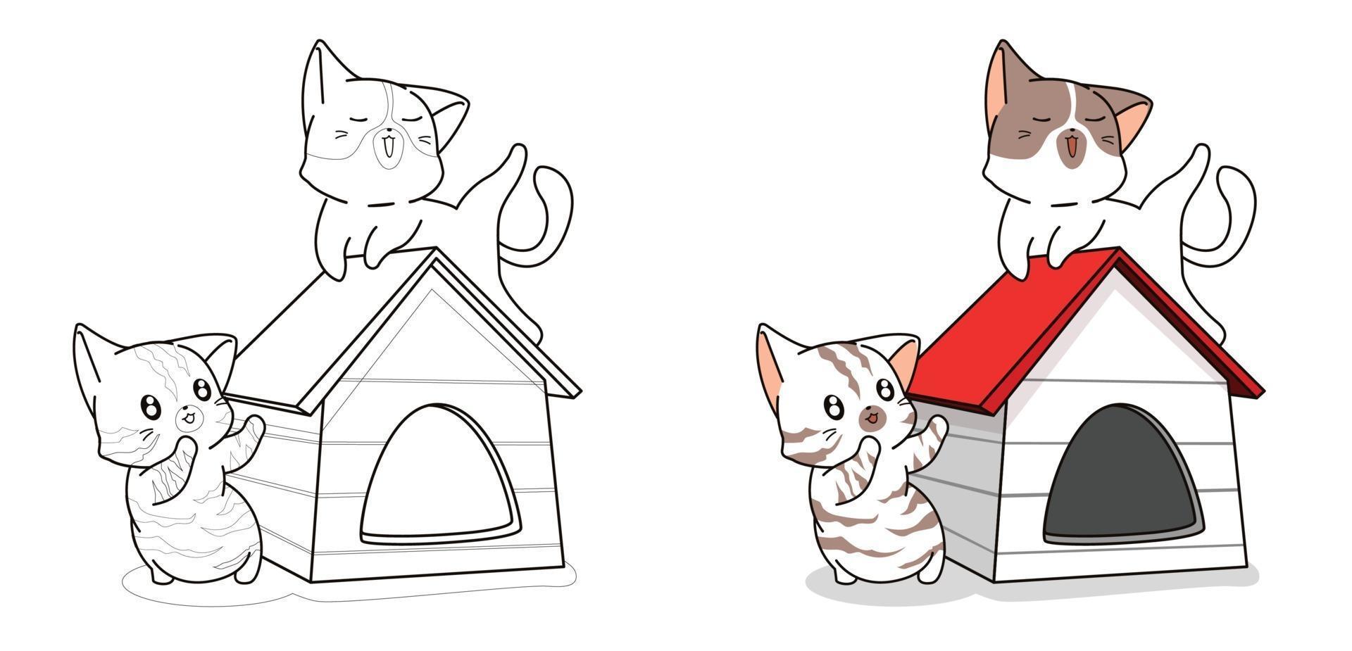 Coppia di simpatici gatti in casa dei cartoni animati da colorare pagina vettore