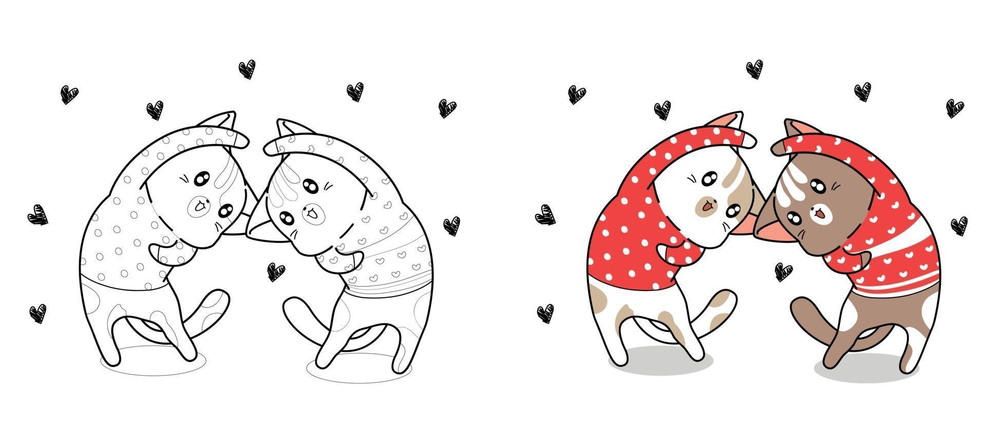 coppia di gatti agiscono con la pagina da colorare dei cartoni animati di cuore vettore