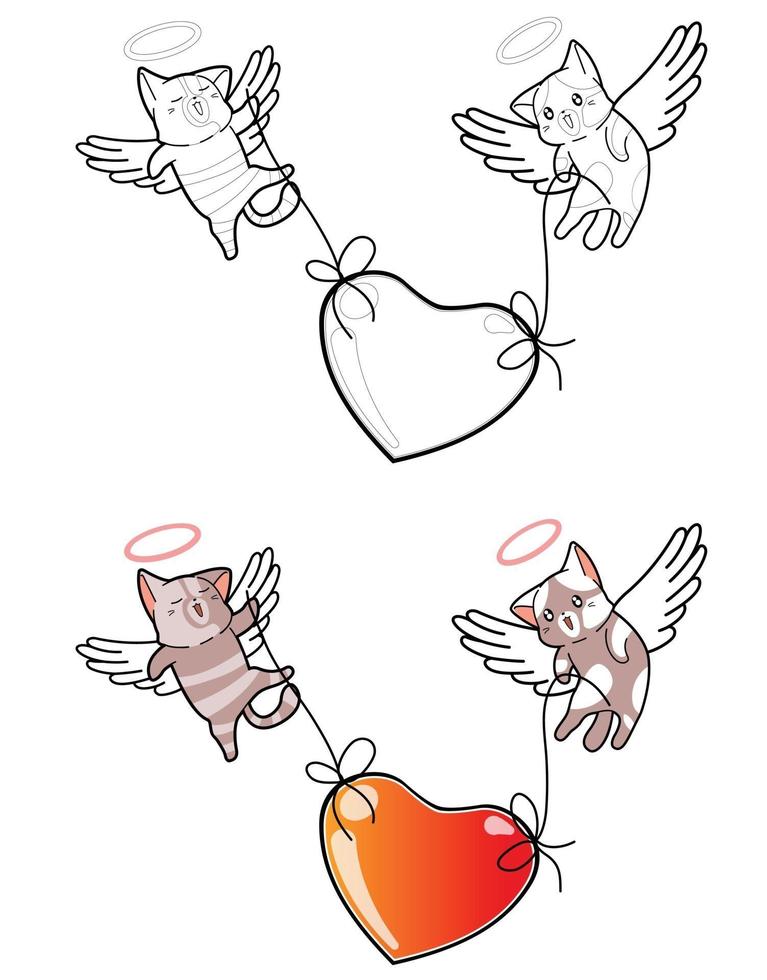 Coppia di gatti Cupido stanno sollevando grande cuore pagina da colorare dei cartoni animati vettore
