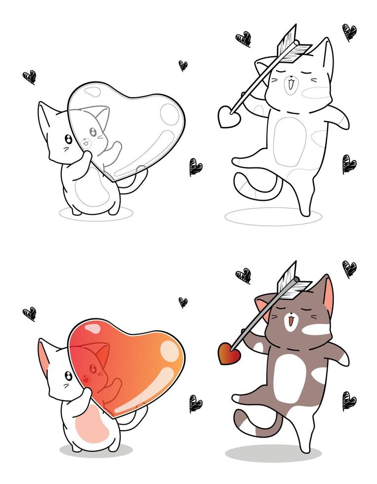 I gatti kawaii stanno tenendo il cuore e la freccia dei cartoni animati da colorare facilmente vettore