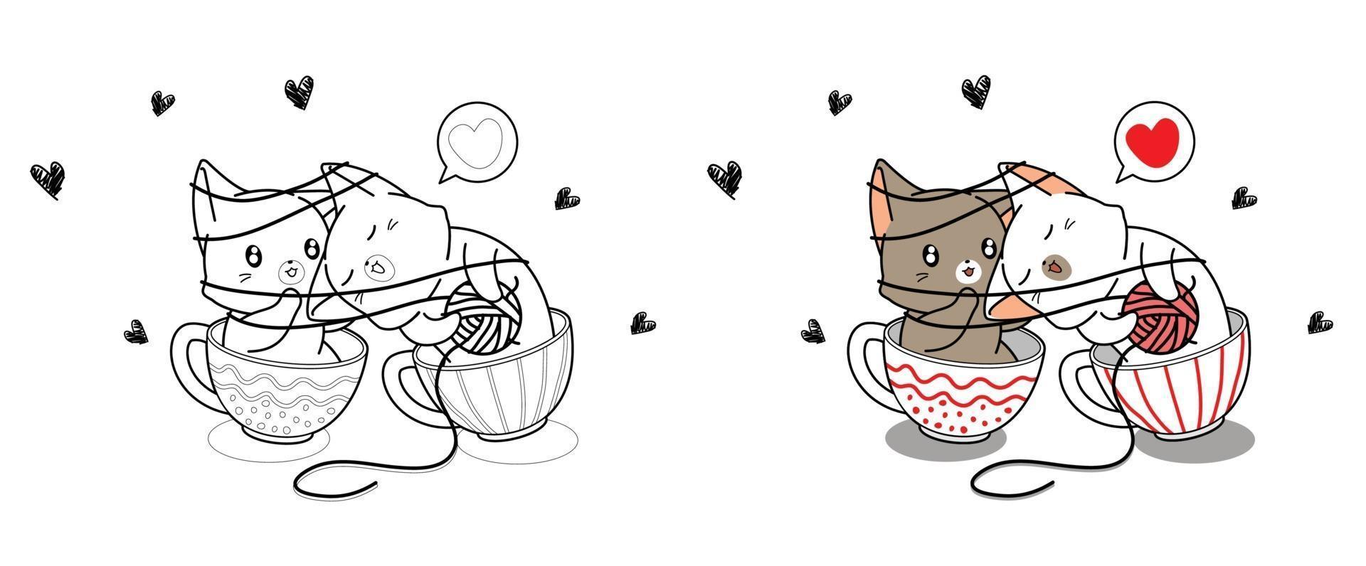 carino coppia gatto sono amorevole in tazza cartone animato da colorare pagina vettore