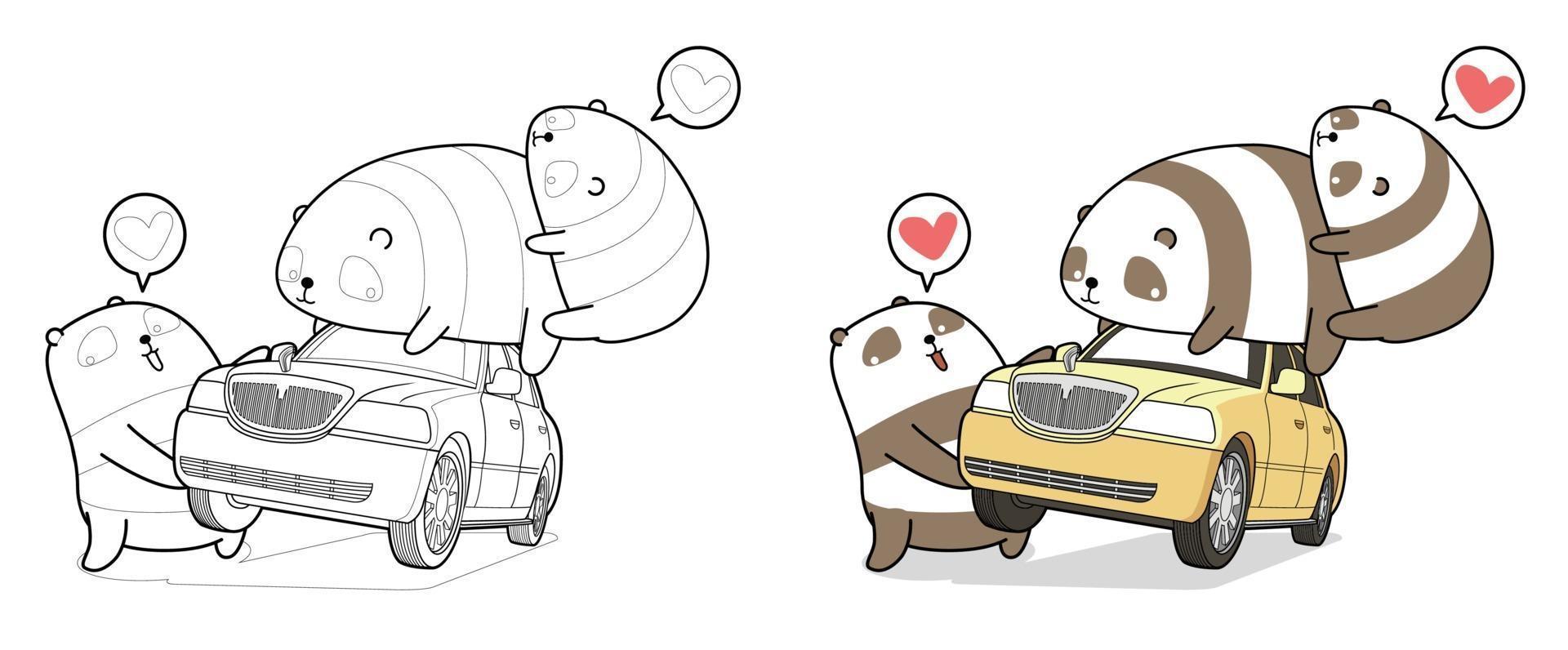 Panda Kawaii sta sollevando la pagina da colorare di cartoni animati per auto vettore