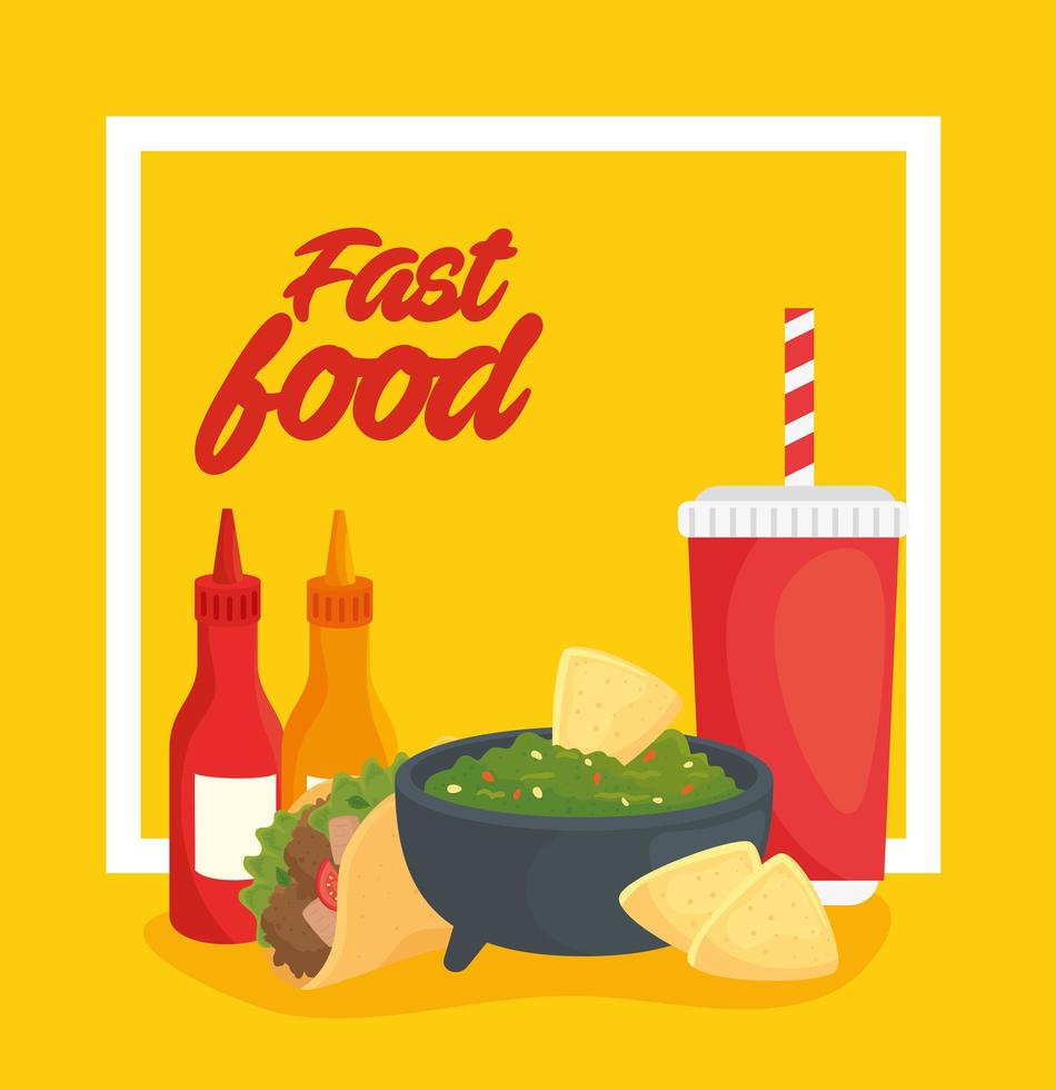 poster di fast food con cibo messicano, guacamole e bevande vettore
