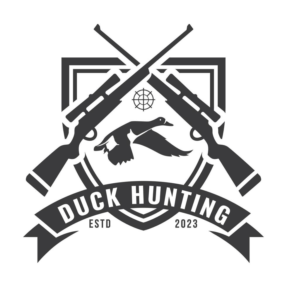 anatra a caccia logo emblema silhouette con pistole e whoite isolato sfondo vettore