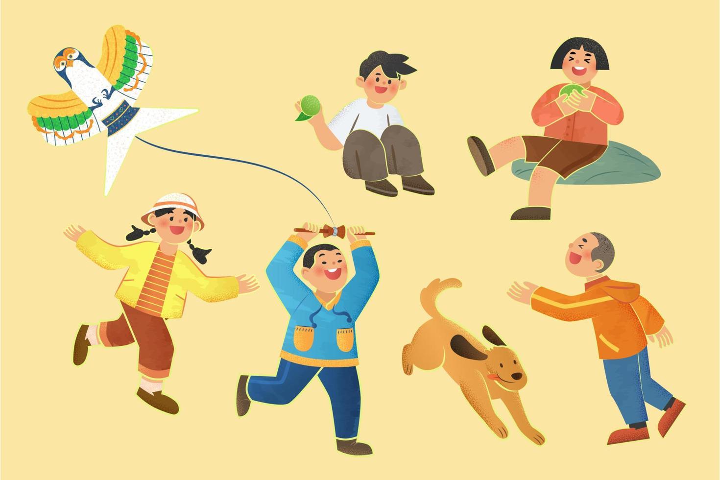 piatto illustrazione di giovane asiatico bambini fare qing ming Festival dogana. persone personaggi isolato su giallo sfondo. vettore