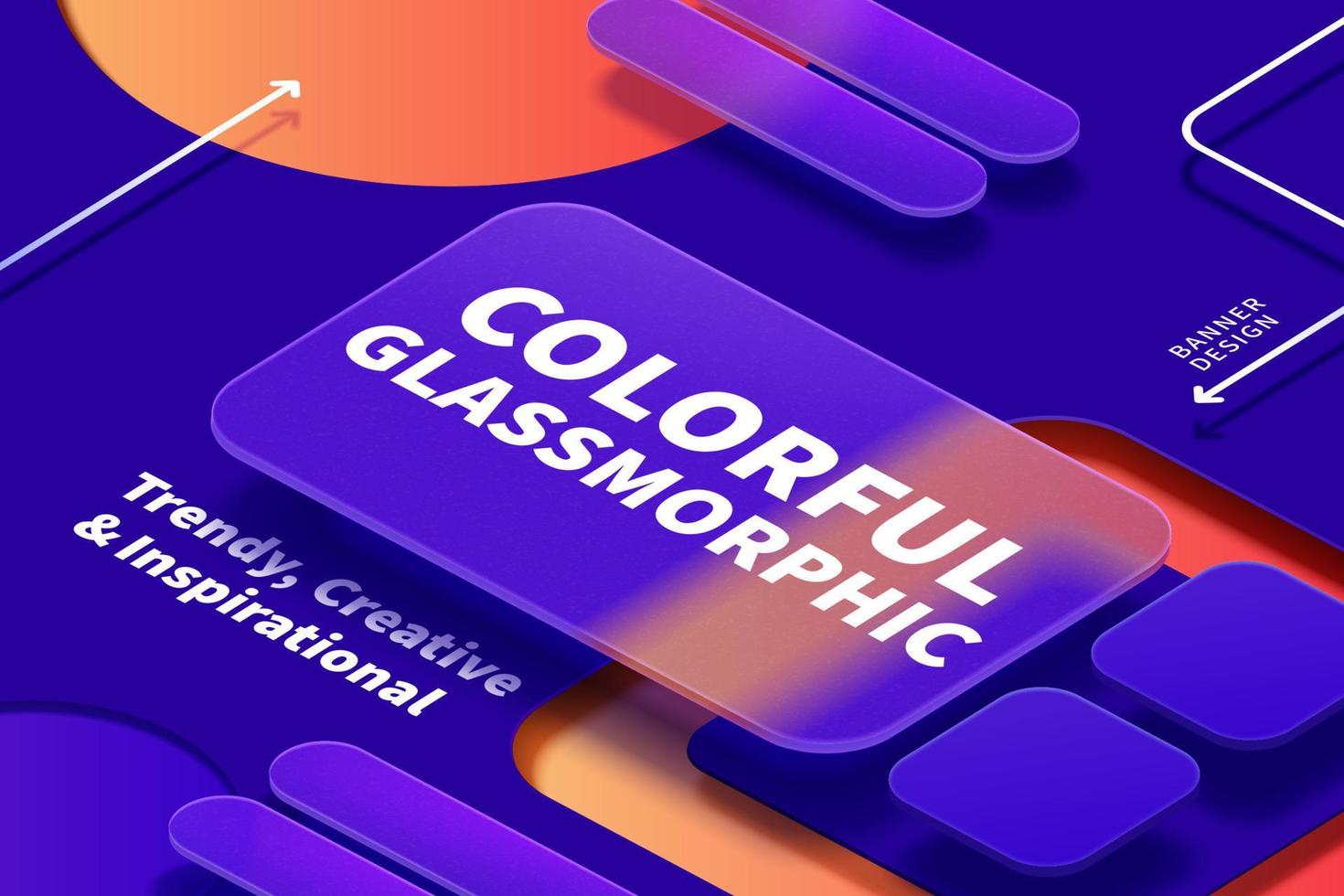 3d futuristico bicchiere morfismo sfondo design. Opaco rettangolare bicchiere piatto galleggiante sopra indaco blu e arancia geometrico forme. vettore