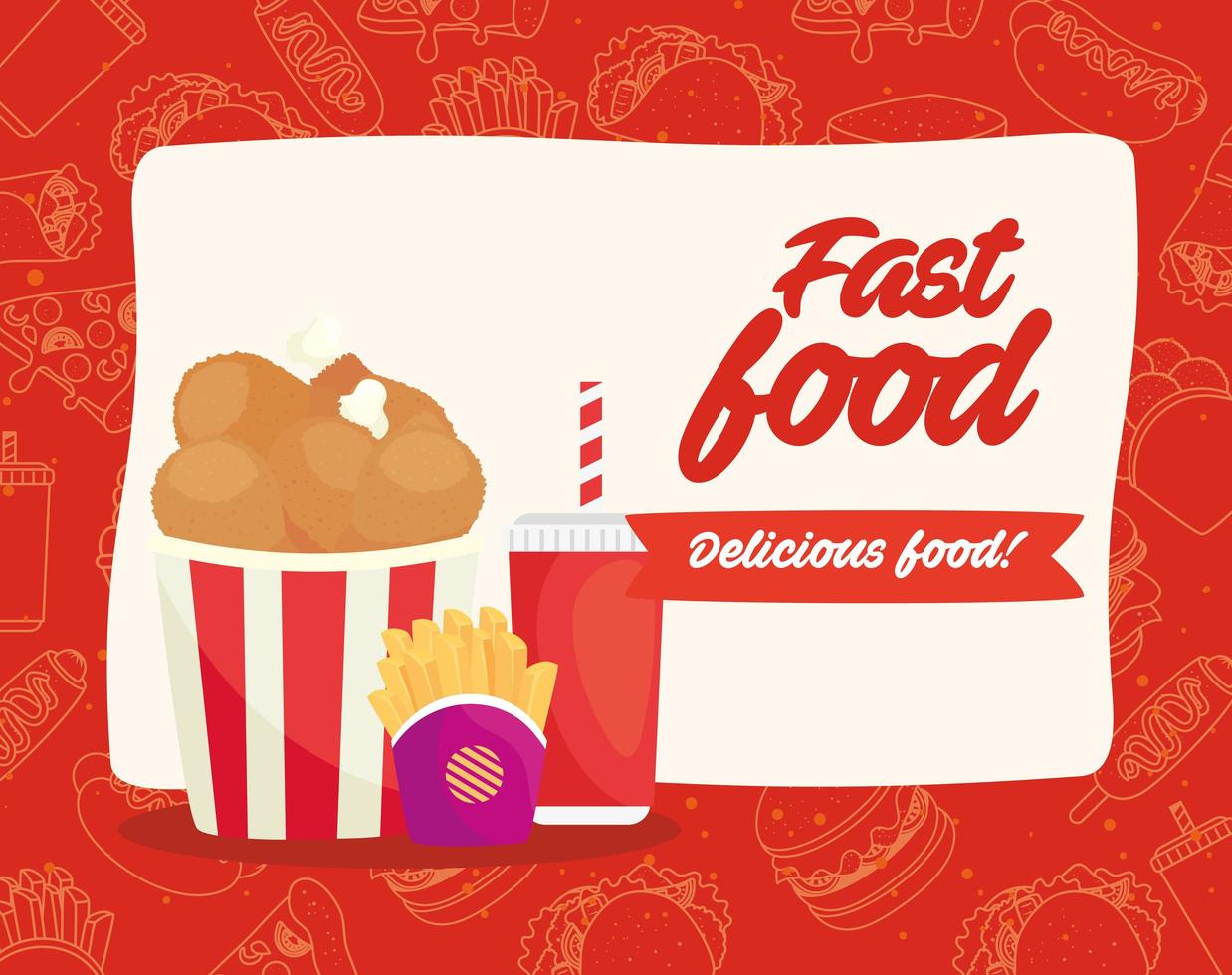 poster di fast food con pollo fritto, patatine fritte e bevande vettore