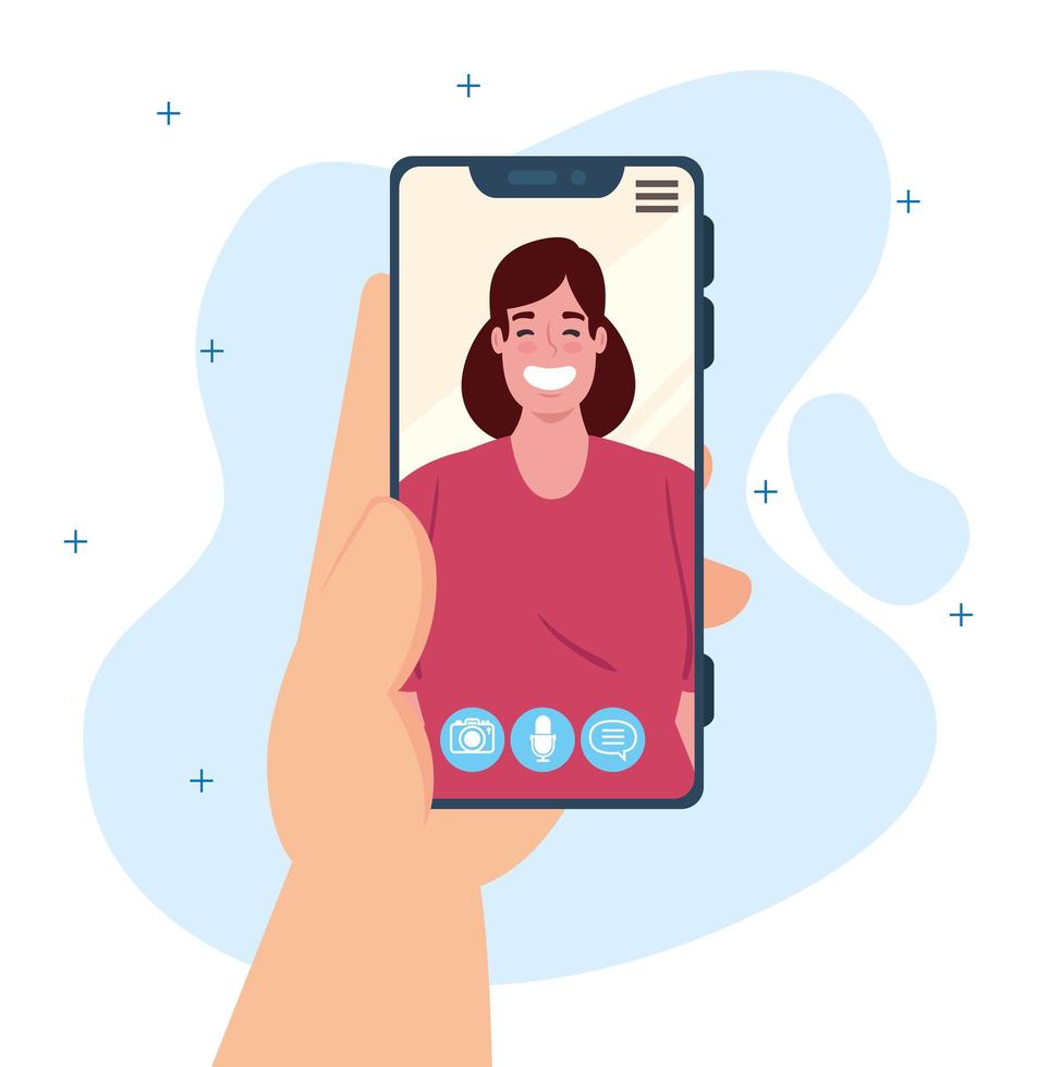 mano che tiene smartphone su una videochiamata sullo schermo, concetto di social media vettore