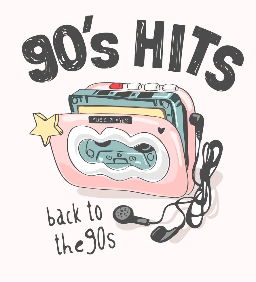 Slogan di successi degli anni '90 con illustrazione di lettore di cassette vintage colorato vettore
