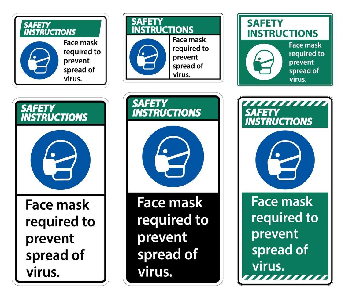 istruzioni di sicurezza maschera per il viso necessaria per prevenire la diffusione del segno del virus su sfondo bianco vettore