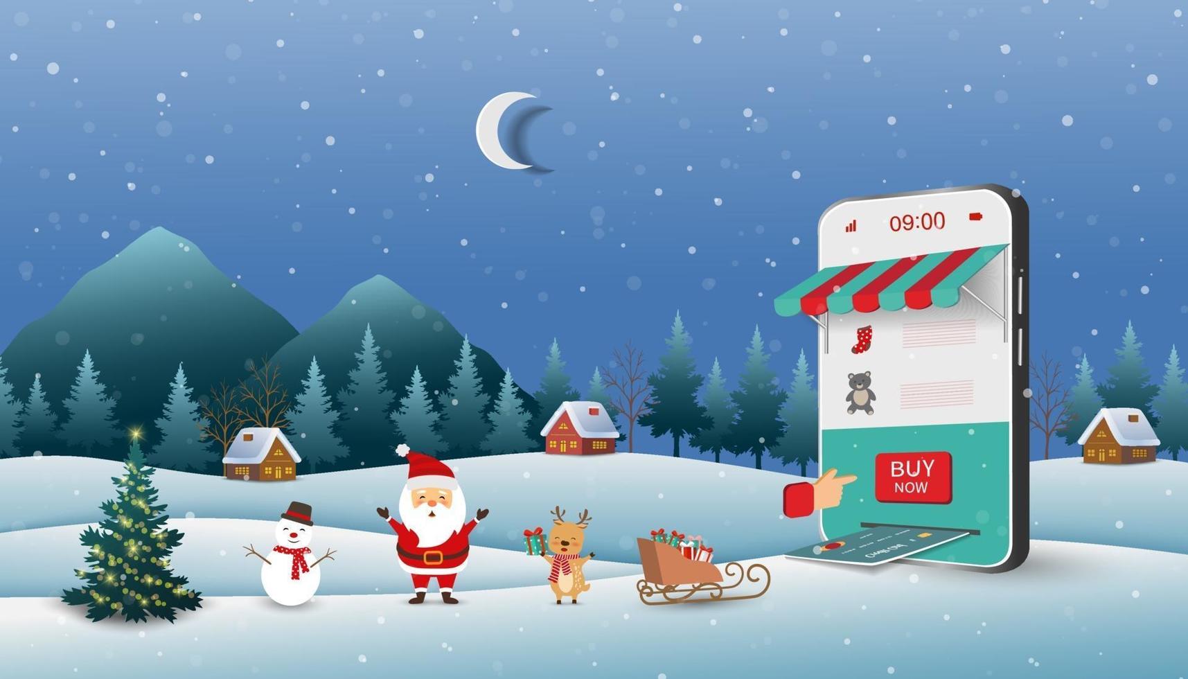 scena di Natale con Babbo Natale che fa acquisti online sul sito Web o sull'applicazione mobile vettore