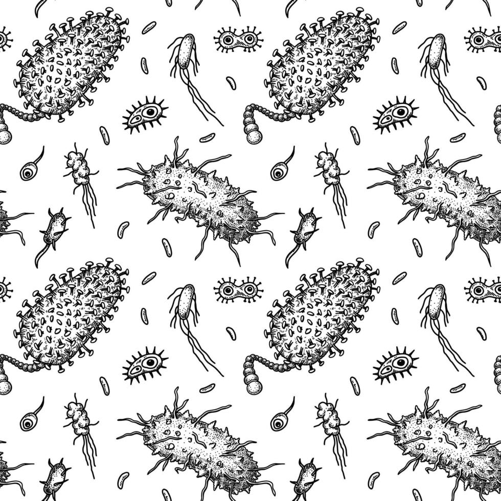 virus senza soluzione di continuità pattina. scientifico mano disegnato vettore illustrazione nel schizzo stile. microscopico microrganismi