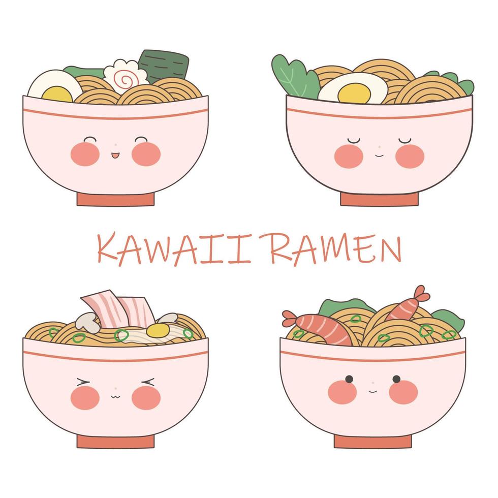 carino ciotole di ramen. piatti con diverso emozioni. tradizionale giapponese spaghetto. asiatico cibo. kawaii azione vettore illustrazione.