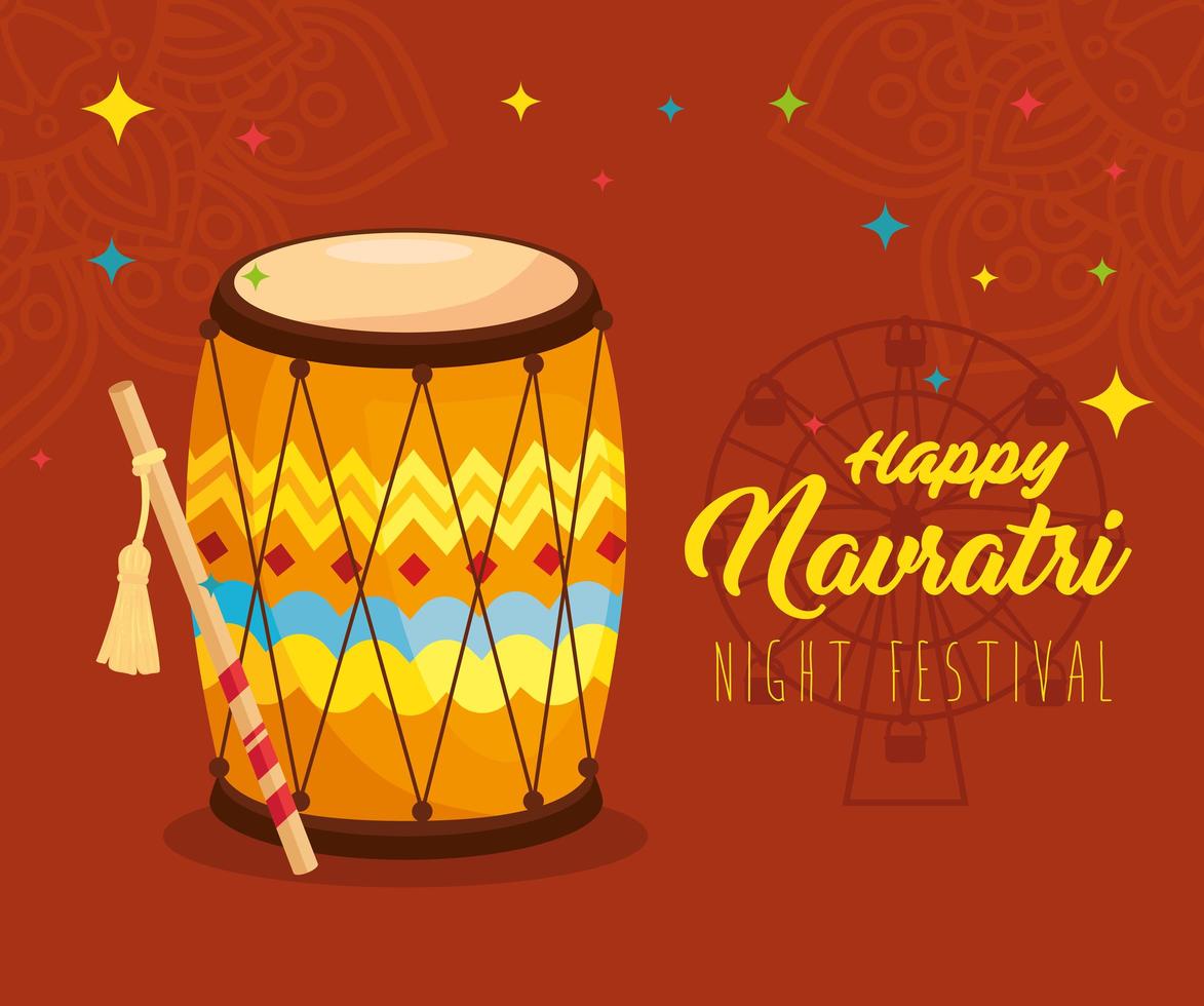 poster celebrazione indù navratri con decorazioni e tamburo vettore