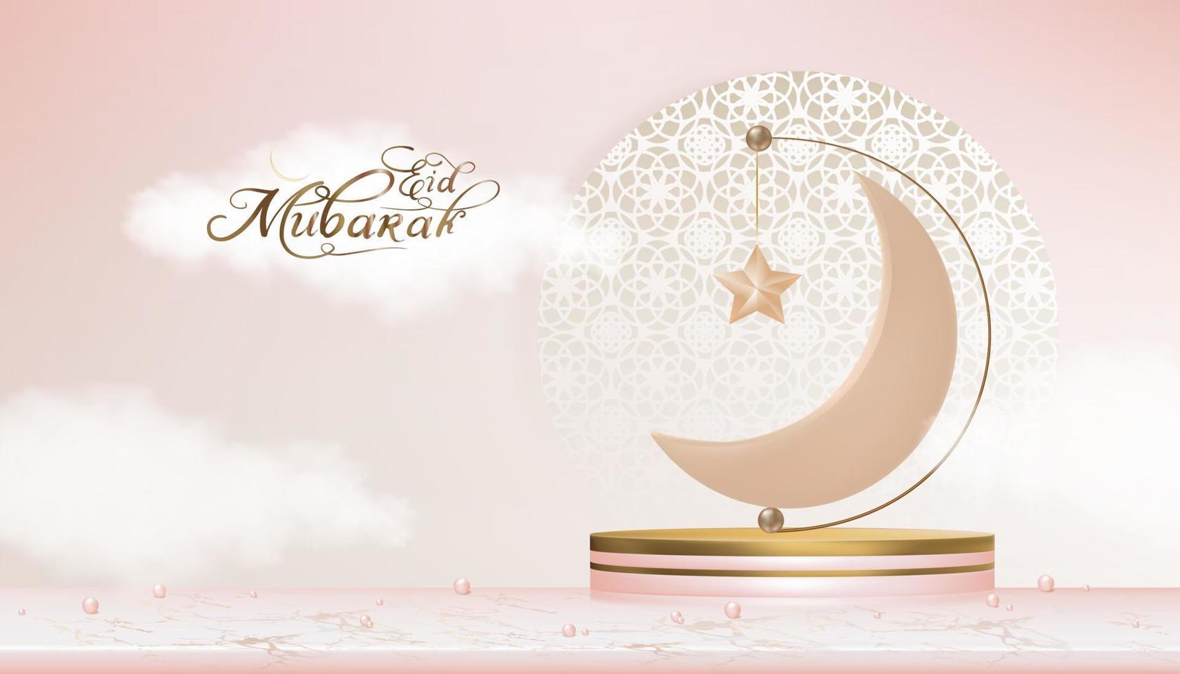eid mubarak islamico saluto design con mezzaluna Luna e stella sospeso su 3d podio su lanterna modello sfondo.vettore fondale di religione di musulmano simbolico, eid al fitr, ramadan kareem, eid al adha vettore