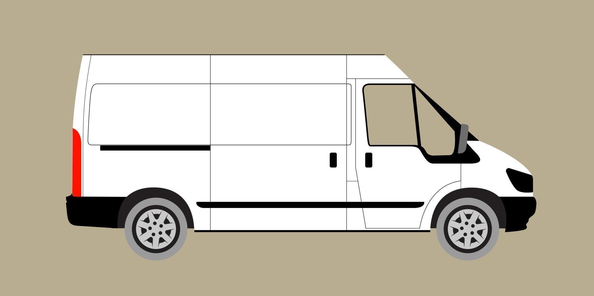 illustrazione vettoriale di furgone bianco. furgone merci realistico. tutti i livelli e i gruppi sono ben organizzati per un facile montaggio. vista dal lato. vettore.