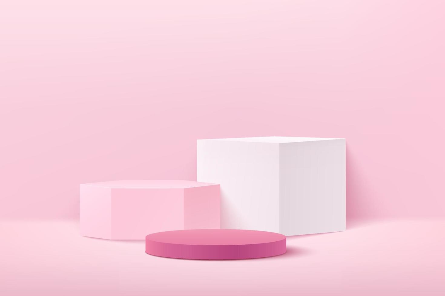 cubo astratto esagono e display rotondo per prodotto sul sito Web in moderno. rendering di sfondo con podio e scena di muro trama rosa minima, colore pastello di forma geometrica rendering 3d vettore eps10