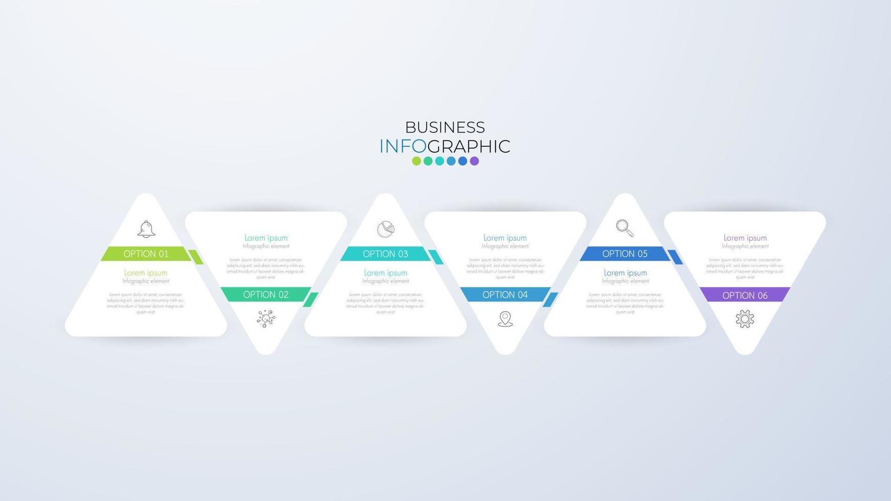 il modello di progettazione infografica può essere utilizzato per presentazione, banner, grafica, flusso aziendale e diagramma. moderno modello di sequenza temporale piatta con 6 opzioni, parti, passaggio per il processo. modello astratto. vettore