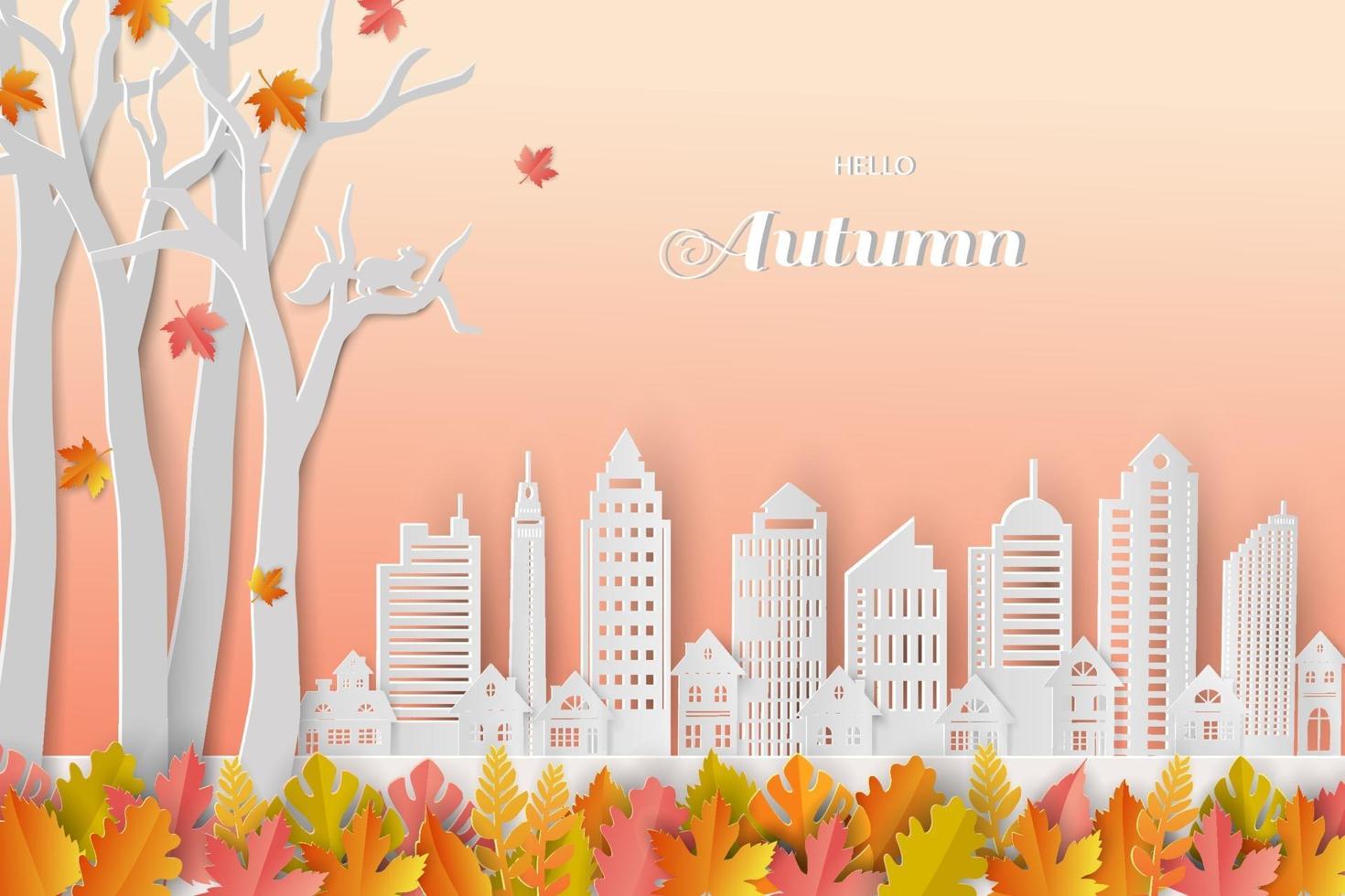 sfondo autunnale o autunnale con foglie colorate e città bianca in stile art paper vettore