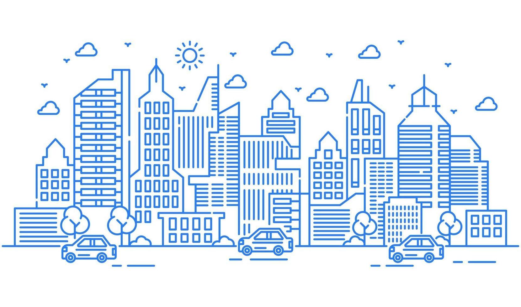 illustrazione urbana con grandi edifici con automobili e alberi. attività cittadine vettore