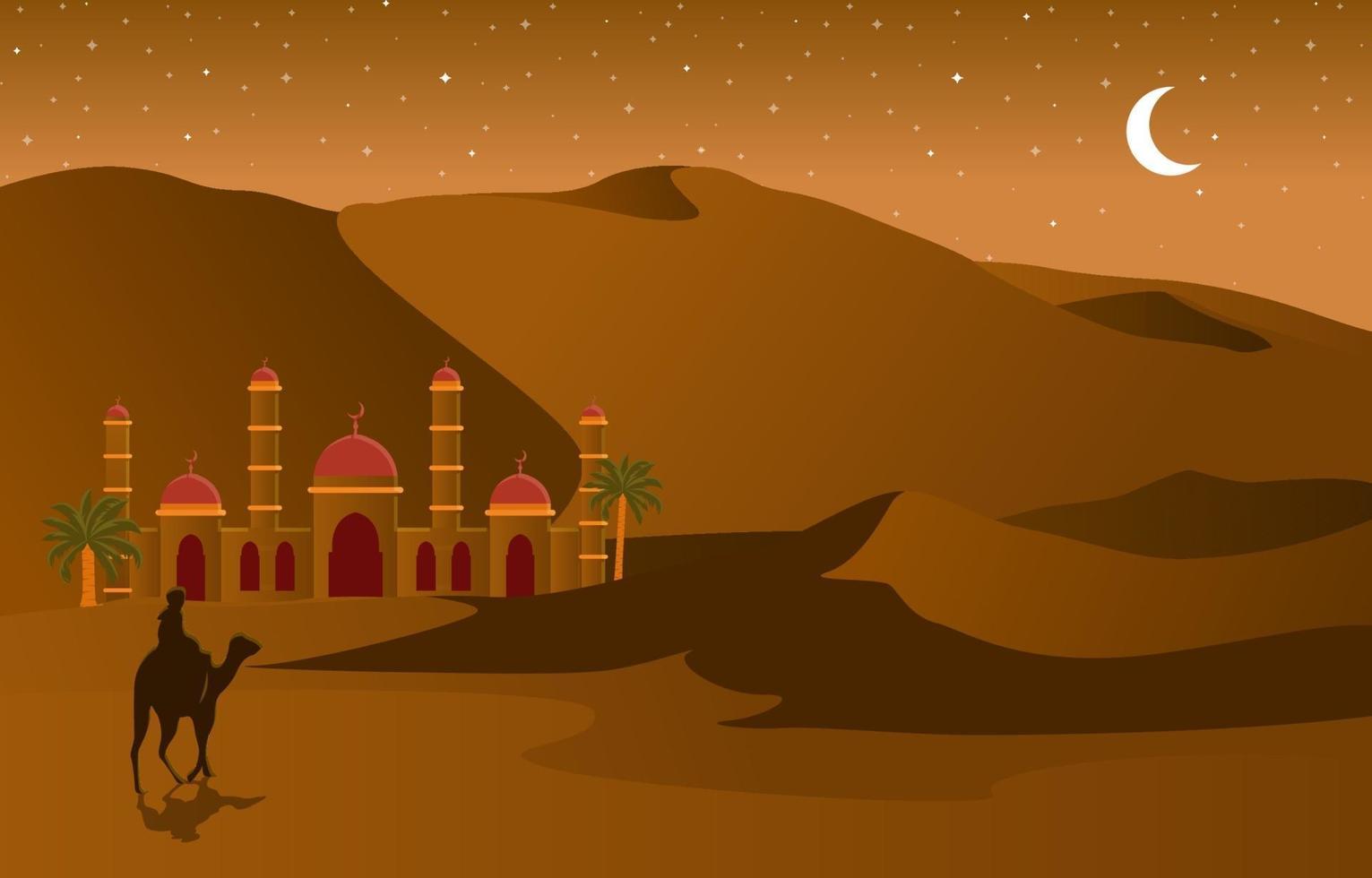 scena notturna del deserto con moschea e illustrazione di palme vettore