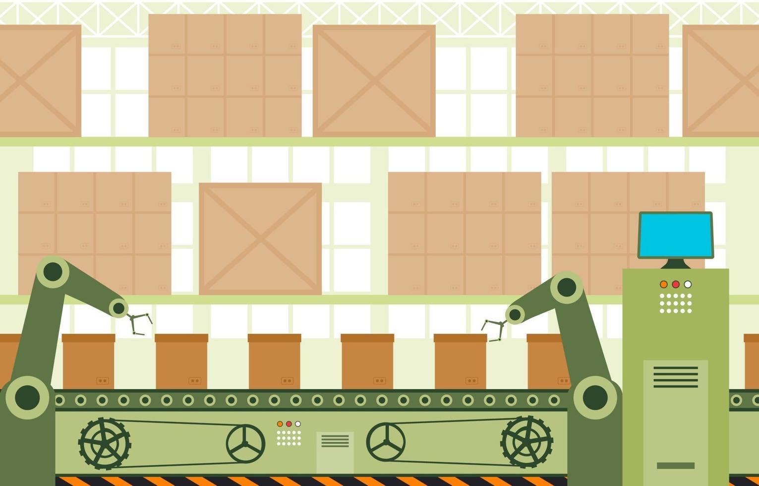 fabbrica industriale con nastro trasportatore e illustrazione di assemblaggio robotico vettore