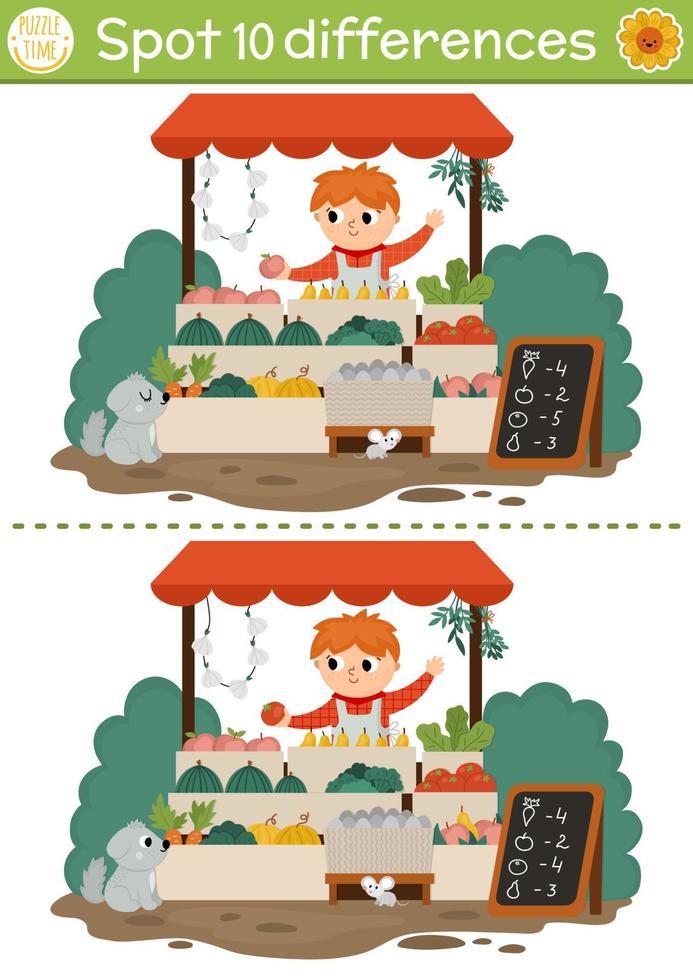 trova differenze gioco per bambini con ragazzo vendita frutta e verdure su mercato stalla. su il azienda agricola educativo attività con carino venditore. azienda agricola puzzle per bambini. stampabile foglio di lavoro o pagina vettore