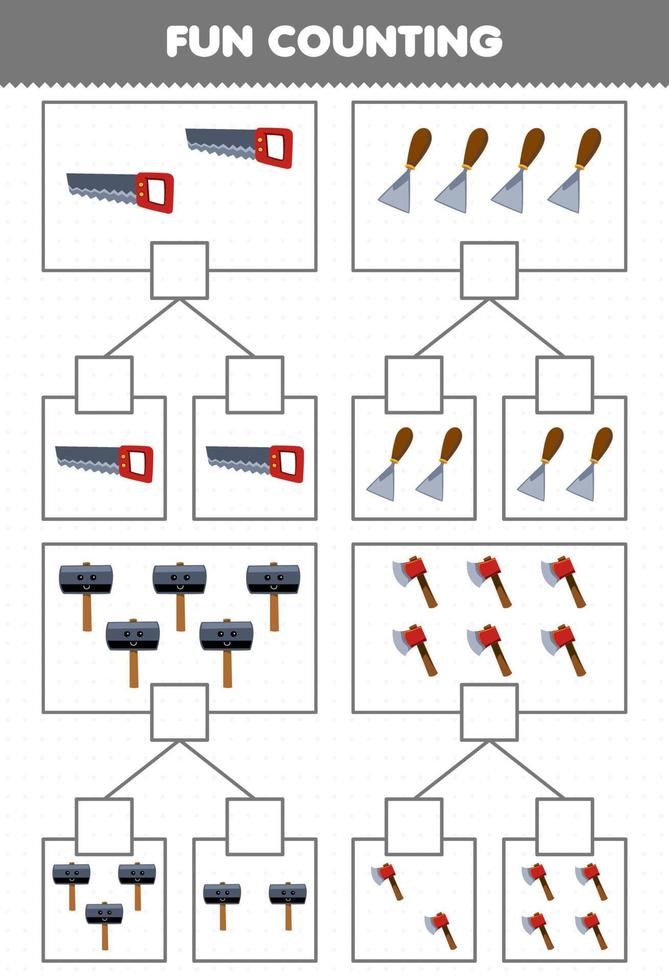 formazione scolastica gioco per bambini divertimento conteggio immagine nel ogni scatola di carino cartone animato sega scalpello martello ascia stampabile attrezzo foglio di lavoro vettore