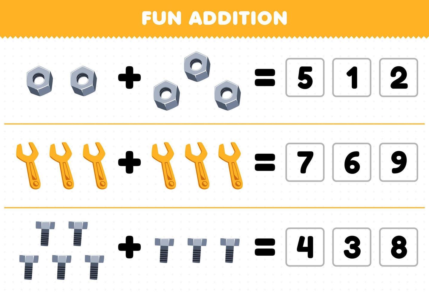 formazione scolastica gioco per bambini divertimento aggiunta di indovina il corretta numero di carino cartone animato Noce chiave inglese bullone immagine stampabile attrezzo foglio di lavoro vettore