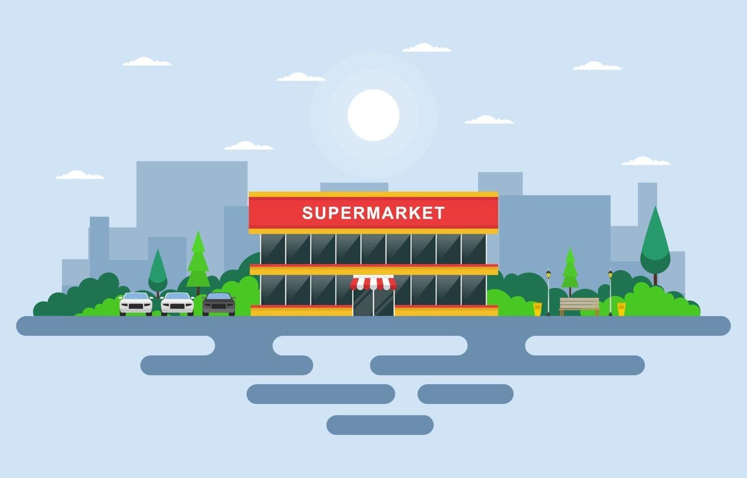 drogheria del supermercato nell'illustrazione piana della città vettore