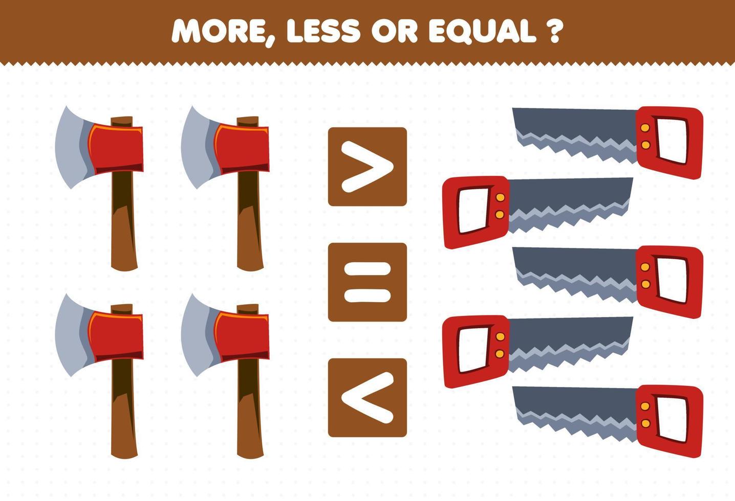 formazione scolastica gioco per bambini Di Più Di meno o pari contare il quantità di carino cartone animato ascia e sega stampabile attrezzo foglio di lavoro vettore