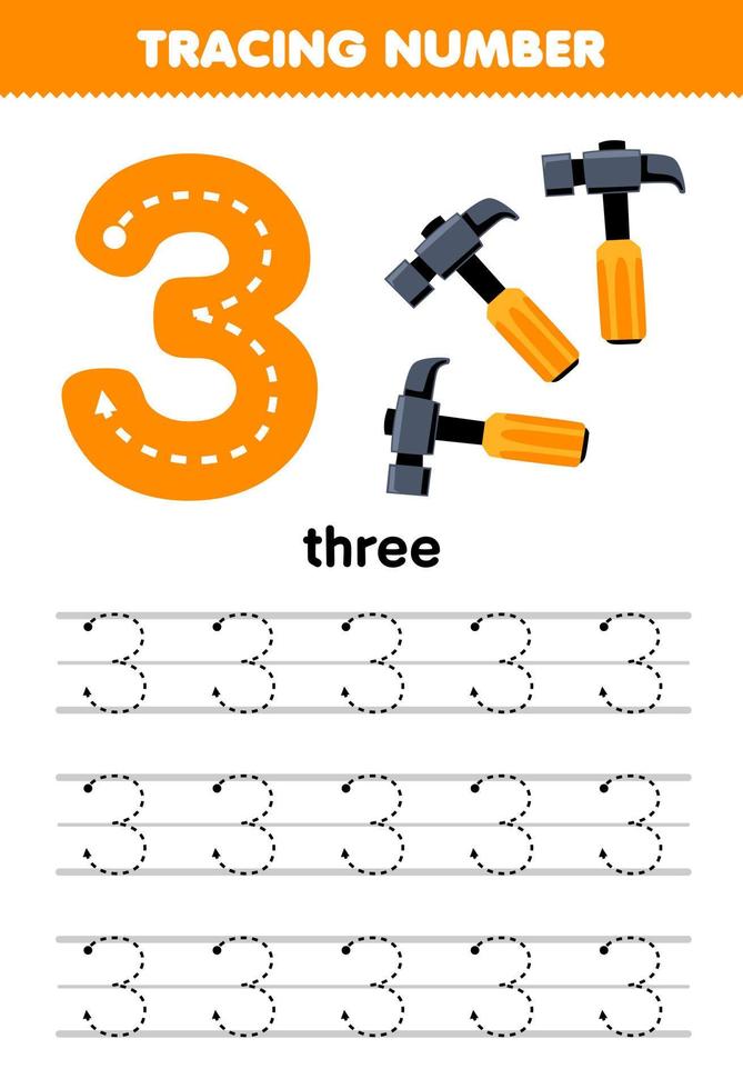 formazione scolastica gioco per bambini tracciato numero tre con giallo martello immagine stampabile attrezzo foglio di lavoro vettore