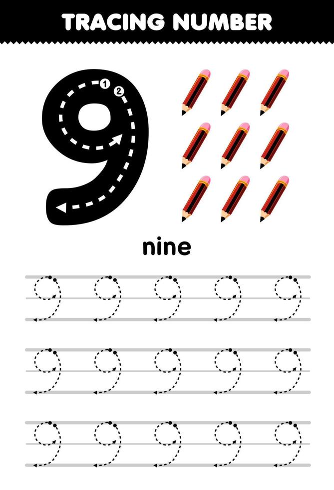 formazione scolastica gioco per bambini tracciato numero nove con matita immagine stampabile attrezzo foglio di lavoro vettore