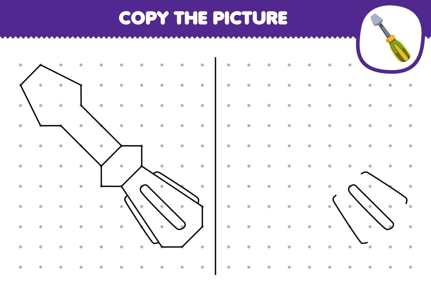 formazione scolastica gioco per bambini copia carino cartone animato Cacciavite immagine di collegamento il punto stampabile attrezzo foglio di lavoro vettore