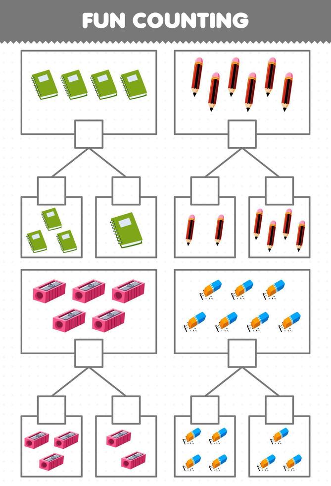 formazione scolastica gioco per bambini divertimento conteggio immagine nel ogni scatola di carino cartone animato libro matita temperamatite gomma per cancellare stampabile attrezzo foglio di lavoro vettore