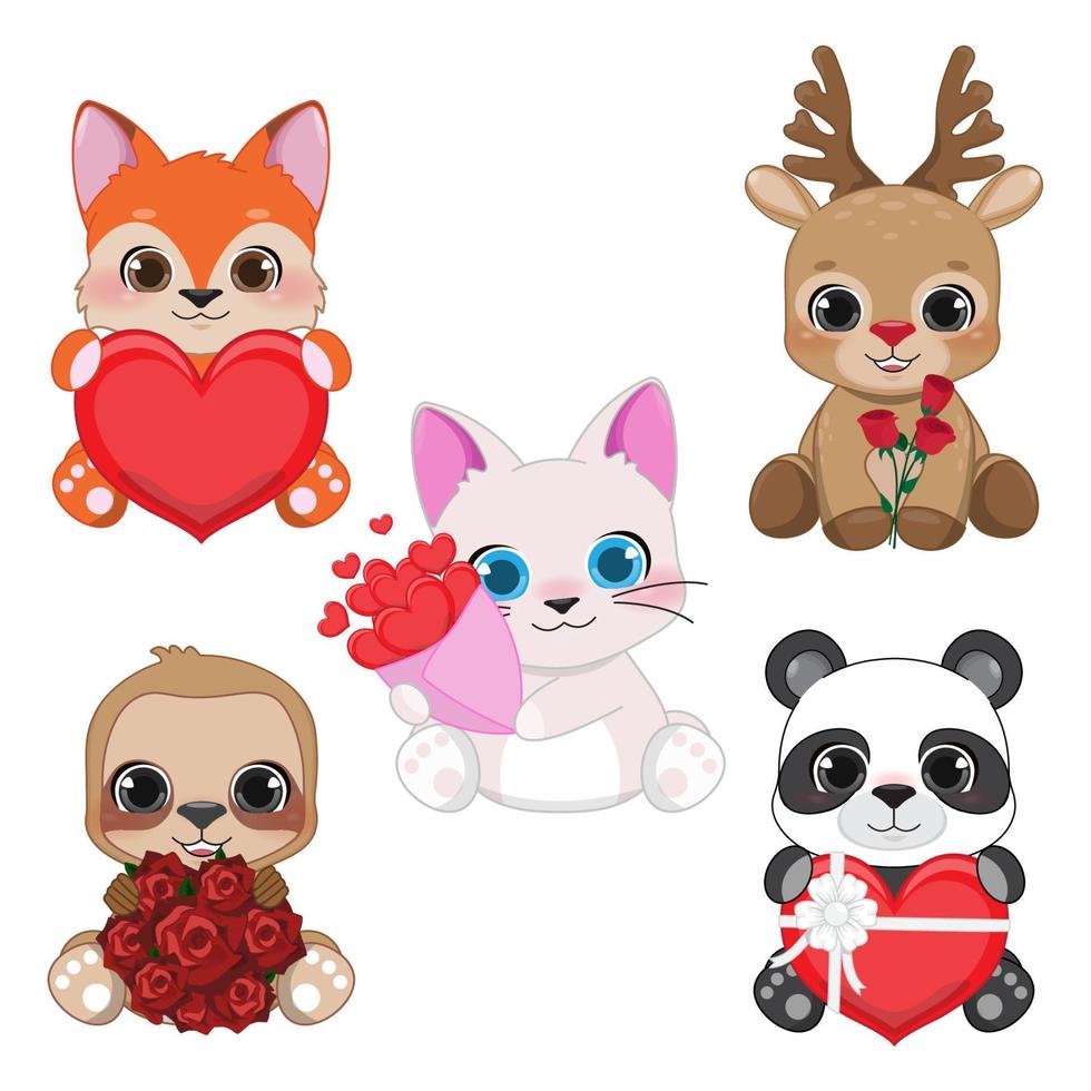 contento San Valentino S giorno carta con carino cartone animato poco San Valentino gatto, Volpe, cervo, panda e bradipo nel amore e divertente cartone animato personaggio vettore