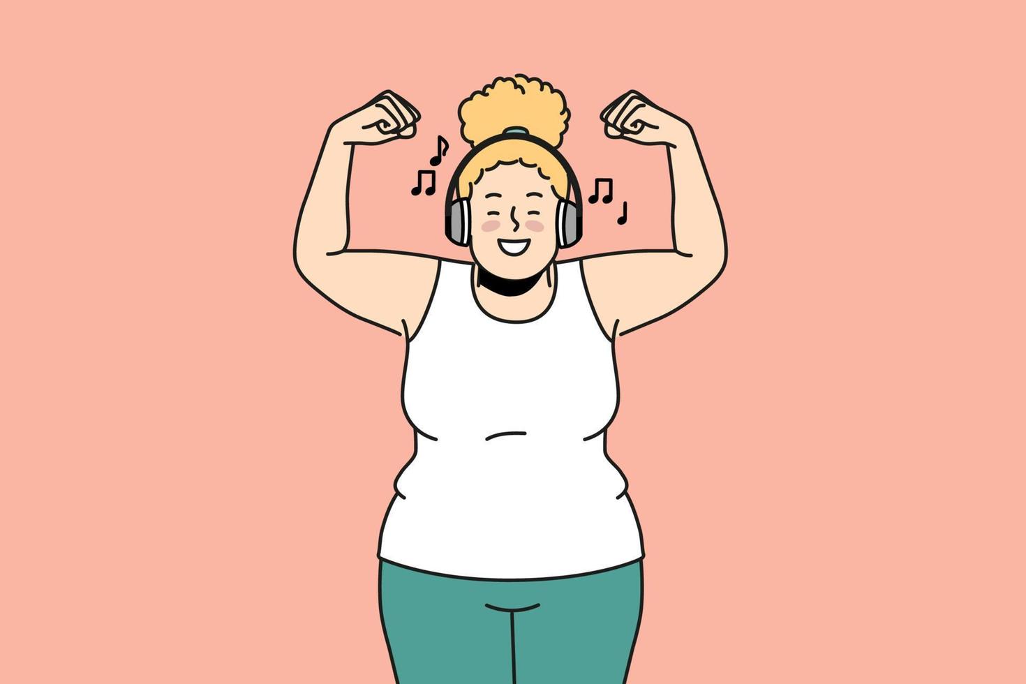 felicissimo sovrappeso donna nel cuffie ascolta per musica fare gli sport. sorridente Grasso ragazza nel auricolari godere bene qualità suono addestramento. vettore illustrazione.
