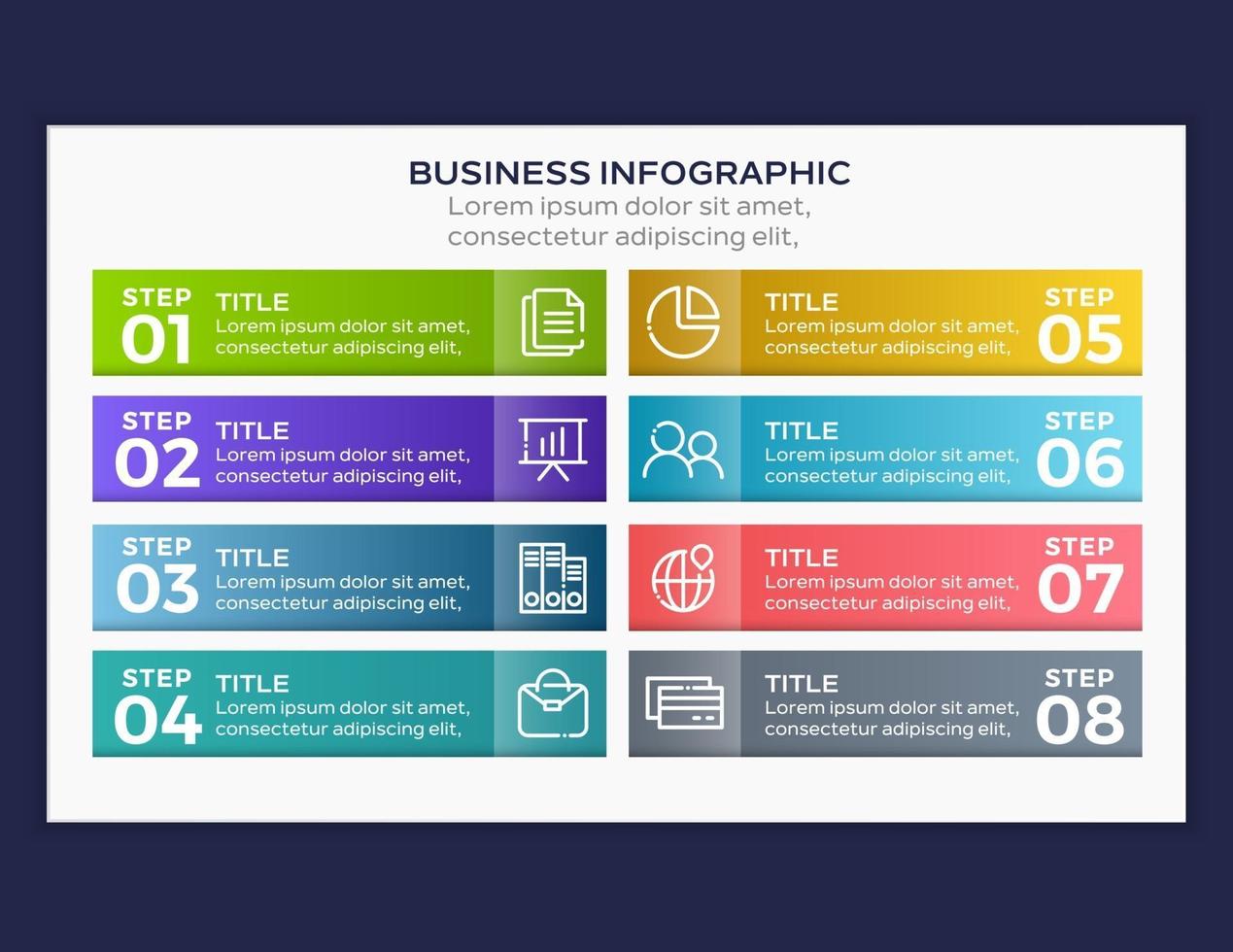 infografiche aziendali. sequenza temporale con 8 passaggi o opzioni vettore